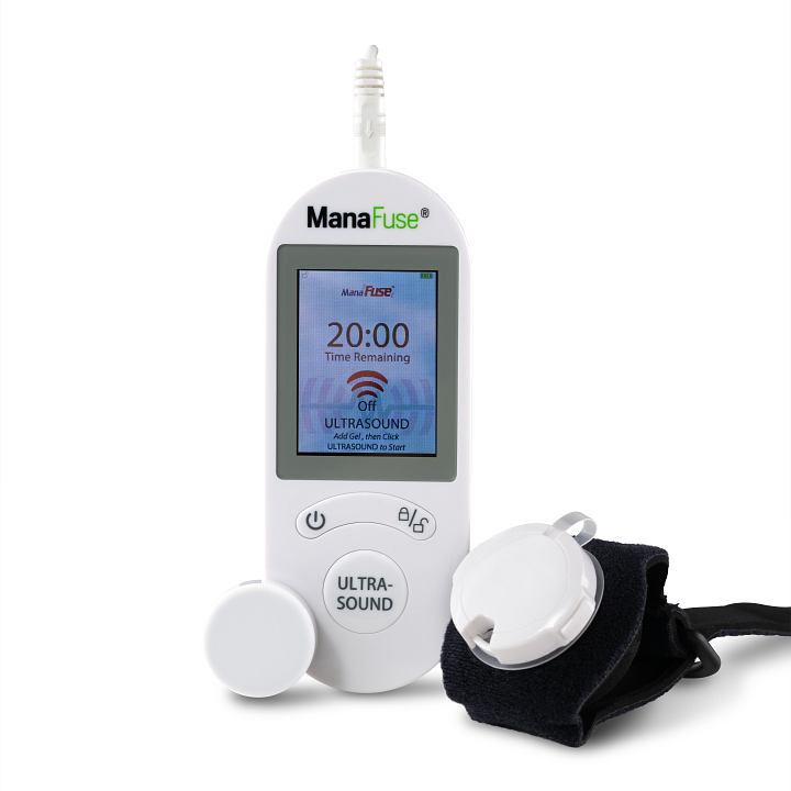 ManaFuse bone growth stimulator with ultrasound transducer and strap